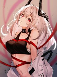 Rule 34 | 1girl, ahoge, arknights, atychi, bare shoulders, blonde hair, blurry, blurry background, blush, breasts, brown background, collarbone, depth of field, earrings, gradient background, grey background, highres, horns, infection monitor (arknights), jewelry, large breasts, light, looking at viewer, mudrock (arknights), mudrock (elite ii) (arknights), navel, open clothes, parted lips, pointy ears, red eyes, sarashi, solo, sports bra, stomach, upper body