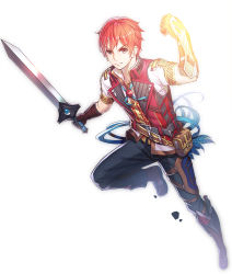 Rule 34 | 1boy, adol christin, belt, belt pouch, black pants, blue ribbon, boots, brown footwear, brown gloves, closed mouth, falcom, feathers, full body, gauntlets, gloves, hand up, holding, holding sword, holding weapon, leg up, looking at viewer, male focus, neck ribbon, orange hair, outstretched arm, pants, pouch, red eyes, red vest, ribbon, ririko (zhuoyandesailaer), shirt, short hair, short sleeves, sidelocks, solo, sword, v-shaped eyebrows, vest, weapon, white shirt, wing collar, ys, ys viii lacrimosa of dana