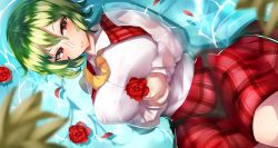 Rule 34 | 1girl, absurdres, alternate eye color, alternate neckwear, blurry, blurry foreground, breasts, caustics, collared shirt, commentary request, covered erect nipples, expressionless, flower, from above, green hair, hair between eyes, highres, hip focus, huge breasts, kazami yuuka, knee up, leaf, long sleeves, looking at viewer, lying, necktie, on back, orange eyes, parted lips, partially submerged, petals, pink lips, plaid, plaid skirt, red skirt, revision, ripples, rose, rose petals, shirt, skirt, solo, thick thighs, thighs, tiamat (momokuri mannen), touhou, tree, wet, wet clothes, wet hair, wet skirt, white shirt, yellow necktie