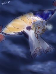 Rule 34 | 1girl, animal hat, blonde hair, bow, cloud, cloudy sky, dark, dated, dress, empty eyes, falling, flying sweatdrops, fox tail, gap (touhou), gradient background, hat, koto (shiberia39), long sleeves, mob cap, multiple tails, night, night sky, open mouth, outstretched arms, mob cap, scared, short hair, sketch, sky, solo, tabard, tail, tassel, touhou, white dress, wide sleeves, yakumo ran, yellow eyes