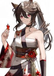 Rule 34 | 1girl, animal ears, arrow (projectile), bare shoulders, breasts, brown hair, chest sarashi, choker, collarbone, commentary, detached sleeves, elbow gloves, gloves, hadanugi dousa, hand up, highres, holding, holding leaf, horse ears, japanese clothes, kimono, kuga huna, leaf, long hair, medium breasts, multicolored hair, official alternate costume, open clothes, open kimono, ponytail, quiver, red eyes, sarashi, simple background, solo, streaked hair, symboli rudolf (archer of the white moon) (umamusume), symboli rudolf (umamusume), umamusume, white background, white hair, wide sleeves