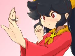 Rule 34 | 1girl, ascot, ashley (warioware), black hair, blush, detesu, fingernails, hand up, highres, jewelry, long fingernails, long hair, necklace, nintendo, red eyes, ring, skull necklace, solo, twintails, upper body, warioware, wedding ring