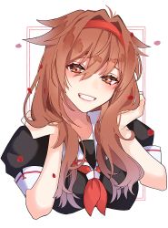 Rule 34 | 1girl, black serafuku, brown eyes, brown hair, commentary request, grin, hair flaps, hairband, kantai collection, kozu (bloomme1 me), long hair, looking at viewer, neckerchief, red hairband, red neckerchief, sailor collar, school uniform, serafuku, shiratsuyu (kancolle), shiratsuyu kai ni (kancolle), smile, solo, upper body, white background, white sailor collar