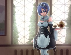 Rule 34 | 10s, 1girl, blue eyes, blue hair, blush, breasts, clenched hand, closed mouth, cup, detached sleeves, dress, floral print, flower, highres, indoors, long sleeves, looking at viewer, maaya99, maid, maid headdress, medium breasts, painting (object), pantyhose, re:zero kara hajimeru isekai seikatsu, red flower, red rose, rem (re:zero), rose, smile, solo, standing, teacup, teapot, tray, white pantyhose, window