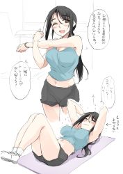 Rule 34 | 2koma, ;d, bare shoulders, black hair, black shorts, blue shirt, breasts, brown eyes, cleavage, comic, commentary request, highres, kitano (zekkyon), large breasts, looking at viewer, midriff, navel, one eye closed, open mouth, original, ponytail, shirt, shoes, shorts, simple background, smile, sneakers, stretching, tank top, watch, white background, white footwear, wristwatch, zekkyon
