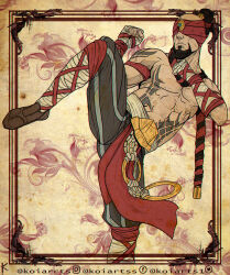 Rule 34 | 1boy, abs, bandaged arm, bandaged hand, bandaged leg, bandages, beard, black pants, brown footwear, chest tattoo, facial hair, flower, foot out of frame, highres, koiarts, league of legends, lee sin, leg up, male focus, multicolored background, muscular, muscular male, pants, red blindfold, shoulder tattoo, solo, tattoo, topless male