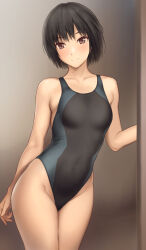 Rule 34 | 1girl, amagami, black hair, black one-piece swimsuit, breasts, brown eyes, commentary request, competition swimsuit, covered navel, highleg, highleg swimsuit, highres, looking at viewer, nanasaki ai, one-piece swimsuit, serizawa (serizawaroom), short hair, simple background, small breasts, smile, solo, swimsuit, two-tone swimsuit