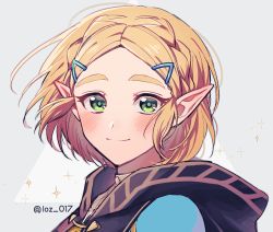 Rule 34 | blonde hair, blush, braid, closed mouth, crown braid, green eyes, grey background, hair ornament, hairclip, looking at viewer, loz 017, nintendo, parted bangs, pointy ears, portrait, princess zelda, short hair, sidelocks, smile, solo, sparkle, the legend of zelda, the legend of zelda: breath of the wild, the legend of zelda: tears of the kingdom, thick eyebrows, twitter username, two-tone background