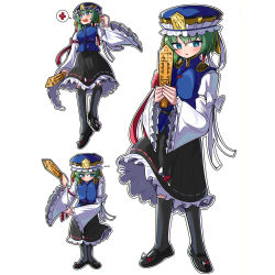 Rule 34 | 1girl, absurdres, anger vein, asymmetrical hair, black footwear, black skirt, black socks, blue eyes, blue headwear, blue vest, blush, bow, breasts, buttons, epaulettes, frilled hat, frilled skirt, frilled sleeves, frills, full body, green hair, hat, highres, long sleeves, looking at viewer, mary janes, multiple views, open mouth, red bow, ribbon-trimmed skirt, ribbon trim, rod of remorse, shiki eiki, shirt, shoes, short hair, simple background, skirt, sleeve bow, small breasts, socks, spam (spamham4506), spoken anger vein, touhou, vest, white background, white bow, white shirt, wide sleeves