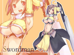 Rule 34 | 1girl, ahoge, armpits, artist request, belt, breasts, brown hair, detached sleeves, feet out of frame, female focus, front-tie top, holding, holding weapon, large breasts, navel, open mouth, red eyes, short hair, simple background, skirt, solo, standing, sword, underboob, upper body, wallpaper, weapon, yellow background, zoom layer