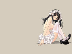 Rule 34 | 1girl, apron, arm support, black footwear, black hair, blush, breasts, brown eyes, female focus, frilled apron, frills, full body, glasses, knees up, legs, long hair, looking at viewer, looking to the side, maid, maid apron, medium breasts, original, parted lips, photoshop (medium), rimless eyewear, shadow, shoes, sideboob, sitting, solo, straight hair, takamura kazuhiro, thighhighs, topless, wallpaper, white thighhighs