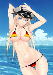 Rule 34 | 10s, 1girl, :o, armpits, arms up, bad id, bad pixiv id, bikini, bismarck (kancolle), blonde hair, blue eyes, breasts, cleavage, cloud, day, flag print, german flag, german flag bikini, germany, hat, kamimiya, kantai collection, large breasts, long hair, looking at viewer, multicolored bikini, multicolored clothes, multicolored stripes, navel, ocean, print bikini, sky, solo, striped, swimsuit, thigh gap