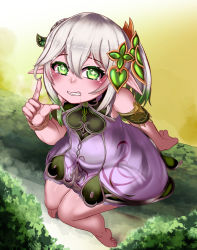 Rule 34 | 1girl, barefoot, blush, clenched teeth, dildo reveal, dress, drooling, elf, exhibitionism, forest, genshin impact, green eyes, hanaki, highres, log, looking at viewer, nahida (genshin impact), nature, outdoors, pointy ears, public indecency, sitting, tears, tears, teeth, white hair