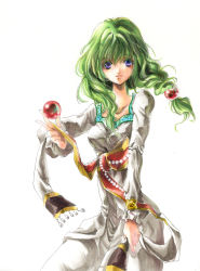 Rule 34 | 1girl, bracelet, dress, green hair, hair half undone, highres, jewelry, long hair, marker, no eyewear, philia felice, purple eyes, ribbon, smile, solo, takamerie, tales of (series), tales of destiny, traditional media, twintails, white background, white dress