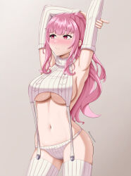 Rule 34 | 1girl, absurdres, arm behind head, armpits, azurecruiser, blunt bangs, blush, breasts, detached sleeves, garter straps, grey background, highres, hololive, hololive english, large breasts, long hair, looking at viewer, meme attire, mori calliope, panties, pink hair, ponytail, red eyes, sidelocks, solo, sweater, thighhighs, turtleneck, turtleneck sweater, underboob, underwear, virgin destroyer sweater, virtual youtuber, white garter straps, white panties, white sleeves, white sweater, white thighhighs