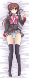 Rule 34 | 1girl, artist request, bow, dakimakura (medium), full body, highres, little busters!, lying, natsume rin, panties, pink bow, school uniform, solo, striped clothes, striped panties, thighhighs, underwear