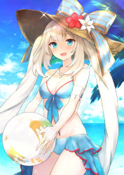 Rule 34 | 1girl, akariko (akaringo), beach, bikini, blue bikini, blue eyes, blush, bow, breasts, cleavage, day, fate/grand order, fate (series), hat, hat bow, highres, long hair, looking at viewer, marie antoinette (fate), marie antoinette (fate/grand order), marie antoinette (swimsuit caster) (fate), marie antoinette (swimsuit caster) (third ascension) (fate), medium breasts, open mouth, sarong, silver hair, smile, solo, swimsuit, twintails