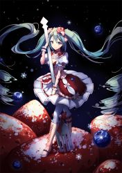Rule 34 | 1girl, absurdly long hair, bad id, bad pixiv id, blueberry, boots, cake hat, chariot.f, floating hair, food, fork, fruit, full body, green eyes, green hair, hat, hatsune miku, in food, knee boots, long hair, looking at viewer, matching hair/eyes, mini hat, mini person, minigirl, pantyhose, smile, snowflakes, solo, strawberry, twintails, very long hair, vocaloid