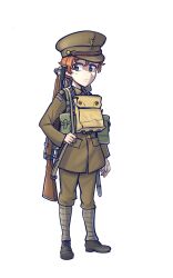 Rule 34 | 1girl, absurdres, ammunition pouch, bayonet, black footwear, bolt action, boots, british army, brown jacket, brown pants, buttons, commentary, full body, grey eyes, gun, gun on back, gun sling, hat, hat ornament, highres, holding, holding gun, holding weapon, insignia, jacket, lee-enfield, leg wrap, load bearing equipment, long sleeves, looking at viewer, military, military hat, military uniform, orange hair, original, pants, peaked cap, pouch, puttee, rifle, simple background, soldier, solo, standing, uniform, united kingdom, warriordesu, weapon, weapon on back, white background, world war ii