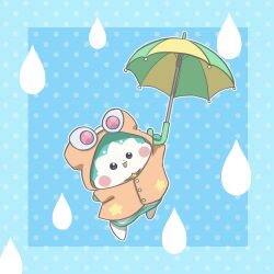 Rule 34 | :3, animal, animal focus, blue background, blush stickers, chii (chi pppuri), chimumu, chimumu (hamster), clothed animal, collar, commentary request, full body, green umbrella, hamster, highres, holding, holding umbrella, hood, hood up, looking at viewer, no humans, open mouth, outline, pink-tinted eyewear, polka dot, polka dot background, pretty series, raincoat, red collar, smile, solo, star (symbol), tinted eyewear, umbrella, waccha primagi!, water drop, white-framed eyewear, white outline