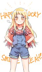 Rule 34 | + +, 1girl, bang dream!, blonde hair, blush, brown eyes, cheese (yongggam), closed mouth, english text, hands on own hips, long hair, overalls, shirt, short sleeves, smile, solo, standing, striped clothes, striped shirt, tsurumaki kokoro, v-shaped eyebrows, very long hair, white background