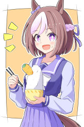 Rule 34 | 1girl, absurdres, animal ears, border, bow, bowl, brown hair, carrot, chopsticks, ear bow, food, food on face, highres, holding, holding bowl, holding chopsticks, horse ears, horse girl, horse tail, looking at viewer, multicolored hair, open mouth, orange background, pleated skirt, purple bow, purple eyes, purple serafuku, purple skirt, rice, rice on face, school uniform, serafuku, short hair, skirt, smile, solo, special week (umamusume), streaked hair, tail, toushirou (sugarwhite1046), tracen school uniform, two-tone background, umamusume, white border, white bow
