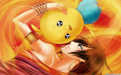 Rule 34 | 1girl, animal, bare shoulders, beak, bird, bracelet, breasts, brown eyes, brown hair, collarbone, dress, earrings, eclair (fairy tail), eye contact, facing another, fairy tail, fairy tail houou no miko, hand up, happy, hoop earrings, jewelry, long hair, looking at another, lying, matching hair/eyes, medium breasts, momon (fairy tail), off shoulder, on back, parted lips, rokugatsu no usagi, sad, smile, tears, upper body, wings