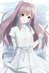 Rule 34 | 1girl, absurdres, arjent, arm behind back, bandaged arm, bandages, closed mouth, collared shirt, floating hair, head tilt, highres, holding, idolmaster, idolmaster shiny colors, long hair, long skirt, looking at viewer, pleated skirt, purple eyes, ribbon, shirt, short sleeves, silver hair, skirt, smile, solo, standing, twintails, very long hair, white ribbon, white shirt, white skirt, wing collar, yukoku kiriko