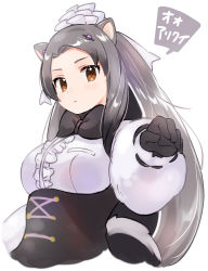 Rule 34 | 1girl, anteater ears, anteater tail, black bow, black bowtie, black corset, black gloves, bow, bowtie, brown eyes, center frills, corset, frills, fur sleeves, giant anteater (kemono friends), gloves, highres, kemono friends, long hair, long sleeves, looking at viewer, pointing, shirt, silver hair, solo, suicchonsuisui, white shirt