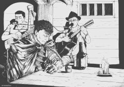 Rule 34 | 3boys, bar (place), berserk, bottle, candle, clenched teeth, crying, cup, drinking glass, greyscale, guitar, guts (berserk), hat, instrument, male focus, mechanical arms, meme, microphone, monochrome, multiple boys, single mechanical arm, sword, table, teeth, tyrone, weapon