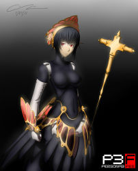 Rule 34 | 1girl, android, atlus, black hair, breasts, elbow gloves, gloves, headdress, headphones, metis (persona), persona, persona 3, point23, red eyes, short hair, signature, skin tight, solo, weapon