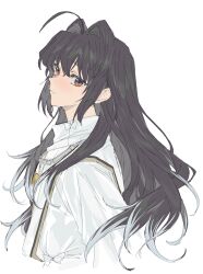 Rule 34 | 1other, absurdres, ahoge, alternate hairstyle, black hair, closed mouth, expressionless, fate/samurai remnant, fate (series), from side, hair between eyes, hair down, hair intakes, high collar, highres, japanese clothes, jewelry, long hair, long sleeves, looking at viewer, looking to the side, multicolored hair, necklace, orange eyes, pendant, yamato takeru (fate), shirt, simple background, solo, two-tone hair, upper body, white background, white hair, white shirt, yurumawari