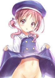 Rule 34 | 1girl, :o, bad id, bad pixiv id, beret, blue dress, blue hat, blush, clothes lift, commentary request, dress, dress lift, gochuumon wa usagi desu ka?, groin, hair ornament, hair scrunchie, hat, head tilt, highres, kafuu chino&#039;s school uniform, lifting own clothes, long hair, long sleeves, looking at viewer, low twintails, natsu megumi, natuna natu, navel, no panties, out-of-frame censoring, parted lips, red eyes, red hair, sailor collar, school uniform, scrunchie, shirt, simple background, sleeves past wrists, solo, twintails, white background, white sailor collar, white scrunchie, white shirt
