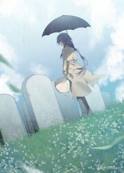 Rule 34 | 1girl, absurdres, ankle boots, artist name, blue background, blue eyes, blue hair, blue sky, boots, bouquet, brown coat, brown footwear, chinese text, closed mouth, cloud, cloudy sky, coat, commentary, flower, fu hua, full body, grass, graveyard, grey hair, hair between eyes, highres, holding, holding bouquet, holding umbrella, honkai (series), honkai impact 3rd, long hair, long sleeves, low-tied long hair, low ponytail, official alternate costume, ponytail, rain, saya atang, simplified chinese text, sky, solo, standing, tombstone, trench coat, umbrella, very long hair, white flower