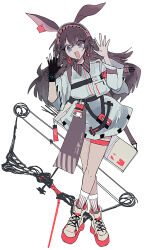 Rule 34 | 1girl, animal ears, april (arknights), archery shooting glove, arknights, arrow (projectile), bag, bare legs, black gloves, bow (weapon), brown hair, commentary request, compound bow, earth (planet), fingerless gloves, gloves, hands up, headband, highres, hotananu, infection monitor (arknights), long hair, looking at viewer, open mouth, partially fingerless gloves, planet, purple eyes, quiver, rabbit ears, rabbit girl, shirt, shoes, simple background, single glove, sneakers, socks, solo, surprised, thigh strap, weapon, white background, white footwear, white shirt, white socks