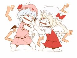 Rule 34 | 2girls, asutora, blonde hair, blue hair, chibi, commentary request, eye contact, flandre scarlet, food, half-closed eye, hat, hat ornament, holding, legs apart, looking at another, mob cap, multiple girls, one side up, pink shirt, pink skirt, pleated skirt, pocky, pocky day, red eyes, red skirt, remilia scarlet, shirt, short hair, simple background, skirt, standing, sweatdrop, touhou, trembling, uneven eyes, white background