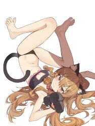 Rule 34 | 1girl, absurdres, aisaka taiga, alternate costume, animal collar, animal ear fluff, animal ears, animal hands, armpits, barefoot, bell, black bra, black gloves, black panties, black tank top, blush, bra, breasts, brown eyes, brown hair, cat cutout, cat ears, cat lingerie, chamchamshia, chinese commentary, closed mouth, clothing cutout, collar, commentary request, fake animal ears, fake tail, feet, gloves, hair between eyes, highres, legs, long hair, looking at viewer, lying, meme attire, navel, neck bell, on back, panties, paw gloves, shadow, sidelocks, simple background, small breasts, soles, solo, spread toes, stomach, tail, tank top, thighhighs, toenails, toes, toradora!, underwear, upside-down, very long hair, wavy mouth, white background