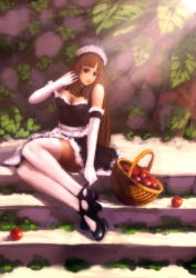 Rule 34 | 1girl, absurdres, adjusting clothes, adjusting shoe, apple, bare shoulders, basket, breasts, brown eyes, brown hair, cleavage, elbow gloves, faux traditional media, food, frills, fruit, gloves, hand in own hair, high heels, highres, large breasts, leaf, light rays, lips, long hair, maid, maid headdress, navjay, original, outdoors, shoes, sitting, sitting on stairs, solo, speed painting, stairs, sunbeam, sunlight, thighhighs, white gloves, white thighhighs, zettai ryouiki
