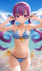 Rule 34 | 1girl, absurdres, ahoge, bare shoulders, beach, bikini, blue hair, blue nails, blue sky, blunt bangs, braid, breasts, cloud, cloudy sky, collarbone, cowboy shot, day, envysoi, hair ribbon, halterneck, hands up, highres, hololive, horizon, long hair, looking at viewer, low twintails, medium breasts, minato aqua, minato aqua (hololive summer 2019), multicolored hair, nail polish, outdoors, parted lips, purple hair, ribbon, side-tie bikini bottom, sky, solo, striped bikini, striped clothes, swimsuit, thigh gap, thighs, twintails, two-tone hair, virtual youtuber, water, wet, yellow bikini, yellow ribbon