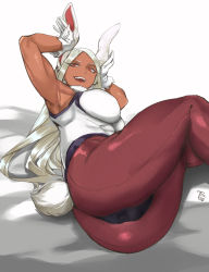 Rule 34 | 1girl, :d, animal ears, armpits, ass, boku no hero academia, breasts, clothing cutout, dark-skinned female, dark skin, fake animal ears, fishnet pantyhose, fishnets, gloves, highres, large breasts, leotard, long eyelashes, long hair, looking at viewer, lying, mirko, on side, open mouth, pantyhose, playboy bunny, rabbit ears, rabbit girl, rabbit pose, rabbit tail, red eyes, ryopie, signature, smile, superhero costume, tail, tail through clothes, thick thighs, thighs, white gloves, white hair, white leotard