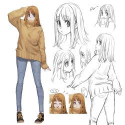 Rule 34 | 1girl, :d, black footwear, blue eyes, brown hair, brown sweater, commentary request, denim, expressions, from behind, full body, hand on own head, highres, jeans, jun (navigavi), long hair, long legs, long sleeves, looking to the side, multiple views, open mouth, original, oversized clothes, pants, pout, round teeth, shoes, simple background, sketch, sleeves past wrists, smile, sneakers, sweater, teeth, turtleneck, turtleneck sweater, white background