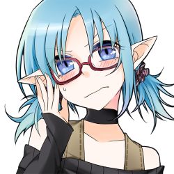 Rule 34 | 1girl, blue eyes, blue hair, blush, choker, face, glasses, halterneck, kaida michi, lowres, matching hair/eyes, original, pointy ears, solo, twintails