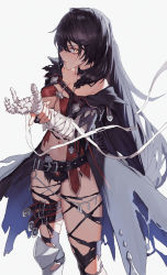 Rule 34 | 1girl, absurdres, bandaged arm, bandages, belt, black cape, black hair, breasts, cape, cleavage, hair between eyes, highres, holding own wrist, long hair, looking at viewer, medium breasts, midriff, navel, parted lips, simple background, solo, standing, tales of (series), tales of berseria, thigh belt, thigh strap, thighhighs, torn clothes, torn thighhighs, tunamayo (dsasd751), velvet crowe, very long hair, white background, yellow eyes