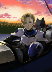 Rule 34 | 00s, 1boy, aircraft, airplane, armor, blonde hair, cloud, dusk, forest, glasses, green eyes, helmet, macross, macross frontier, male focus, mikhail buran, morihito, nature, pilot suit, pointy ears, realistic, s.m.s., short hair, sky, smile, solo, spacesuit