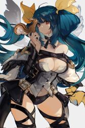 Rule 34 | 1girl, angel wings, animal, asymmetrical wings, bare shoulders, belt, black panties, black thighhighs, blue hair, breasts, carrying, cleavage, cleavage cutout, closed mouth, clothing cutout, detached collar, detached sleeves, dizzy (guilty gear), found modori, guilty gear, guilty gear xrd, hair between eyes, highres, large breasts, long hair, looking at viewer, mature female, midriff, monster girl, navel, off shoulder, panties, red eyes, ribbon, shaded face, sidelocks, smile, solo, squirrel, tail, tail ornament, tail ribbon, thick thighs, thigh strap, thighhighs, thighs, twintails, underwear, wings, yellow ribbon