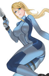 Rule 34 | 1girl, ass, blonde hair, blue bodysuit, blue eyes, bodysuit, bracelet, breasts, commentary, feet out of frame, floating hair, gun, hair between eyes, hand up, handgun, high collar, high ponytail, highres, holding, holding gun, holding weapon, jewelry, large breasts, long hair, looking at viewer, metroid, metroid: zero mission, mole, mole under mouth, nintendo, parted lips, samus aran, solo, uukkaa, weapon, white background, zero suit