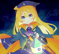 Rule 34 | 1girl, absurdres, ascot, blonde hair, blue capelet, blue dress, blue eyes, blue headwear, capelet, closed mouth, dress, falling star, highres, lantern, long hair, long sleeves, looking at viewer, night, night sky, offbeat, outdoors, purple ascot, puyopuyo, sky, solo, star (sky), starry sky, upper body, v-shaped eyebrows, witch (puyopuyo)