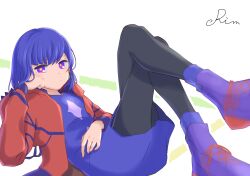 Rule 34 | 1girl, black thighhighs, blue hair, character signature, crossed legs, dress, earrings, hand on own face, highres, hood, hood down, hooded jacket, jacket, jewelry, kamitsubaki studio, memori (egachachachan), multicolored clothes, multicolored eyes, multicolored jacket, purple dress, purple footwear, red jacket, rim (kamitsubaki studio), solo, thighhighs, virtual youtuber, white background, yellow pupils