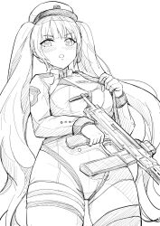 Rule 34 | 1girl, :o, blush, breasts, cowboy shot, goddess of victory: nikke, greyscale, hat, highres, holding, holding weapon, long hair, medium breasts, military hat, military uniform, monochrome, peaked cap, privaty (nikke), solo, twintails, uniform, very long hair, weapon, yougenko