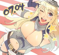 Rule 34 | 10s, 1girl, ;d, american flag legwear, arm behind back, armlet, bare shoulders, belt, belt buckle, blonde hair, blue eyes, blush, breasts, buckle, bursting breasts, buttons, cleavage, cleavage cutout, clothing cutout, cowboy shot, dated, dutch angle, elbow gloves, eyebrows, fingerless gloves, fingernails, from above, garter straps, gloves, gorget, gradient hair, hair between eyes, halterneck, hand up, happy, headgear, highleg, highres, iowa (kancolle), kantai collection, kenshin187, large breasts, legs together, long fingernails, long hair, looking at viewer, microskirt, miniskirt, multicolored hair, navel, one eye closed, open mouth, pencil skirt, rurouni187, sidelocks, skirt, smile, solo, standing, striped background, striped clothes, striped thighhighs, taut clothes, teeth, thighhighs, twitter username, v, v over eye, vertical-striped clothes, vertical-striped thighhighs, very long hair, zettai ryouiki